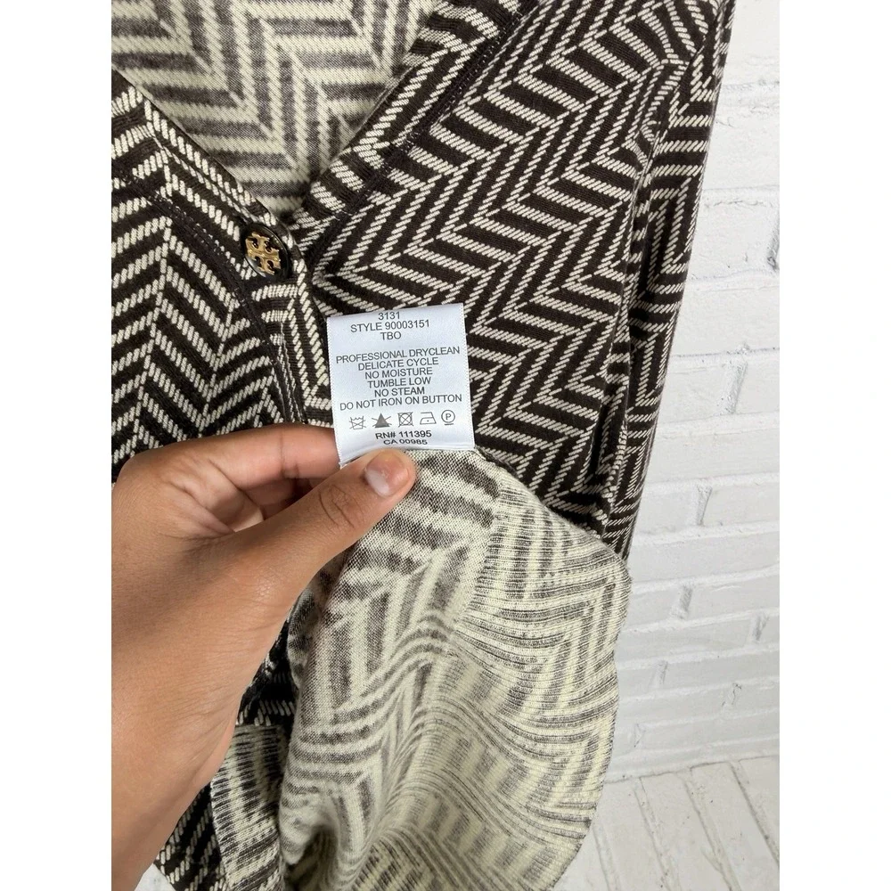 Tory Burch Chevron Knit Cardigan Sweater Brown Ivory Zip Logo Size Small